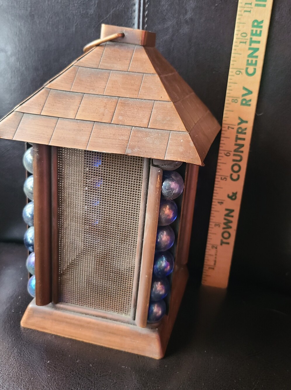 Blue and Bronze Decorative Lantern with Glass Bead Accents - Picture 2 of 13